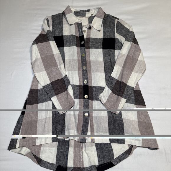 Soft Surroundings Blouse SZ Small Neutral Check Tunic Linen Blend Back Zip EUC - Picture 8 of 11